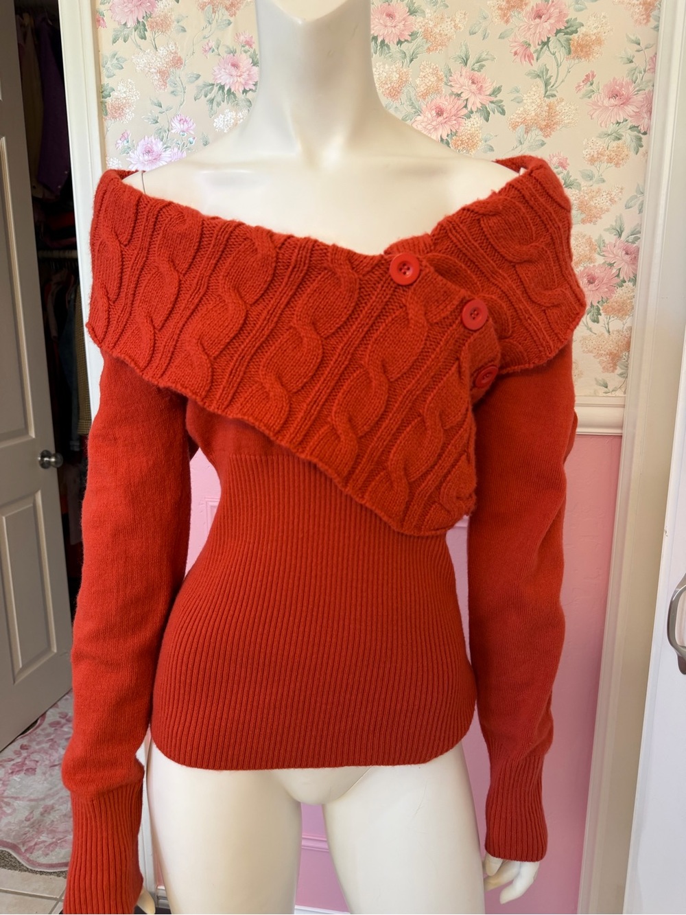 Y2K Orange  Off-Shoulder Cable Knit Women’s